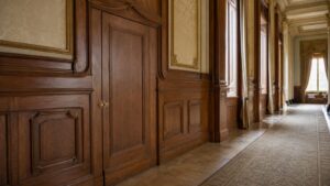 A realistic royal palace corridor with ornate paneling and a subtly concealed private door without text or logos.