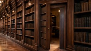 A realistic editorial image of a grand library aisle with a hidden bookcase door slightly open.