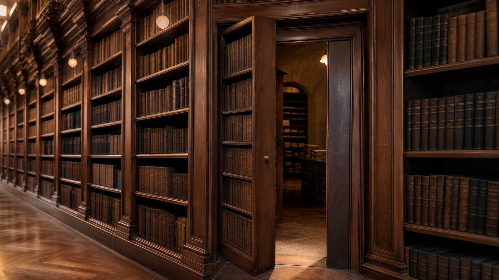 A realistic editorial image of a grand library aisle with a hidden bookcase door slightly open.