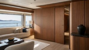 A realistic editorial image of a luxury yacht lounge with a seamless wood panel door slightly open.
