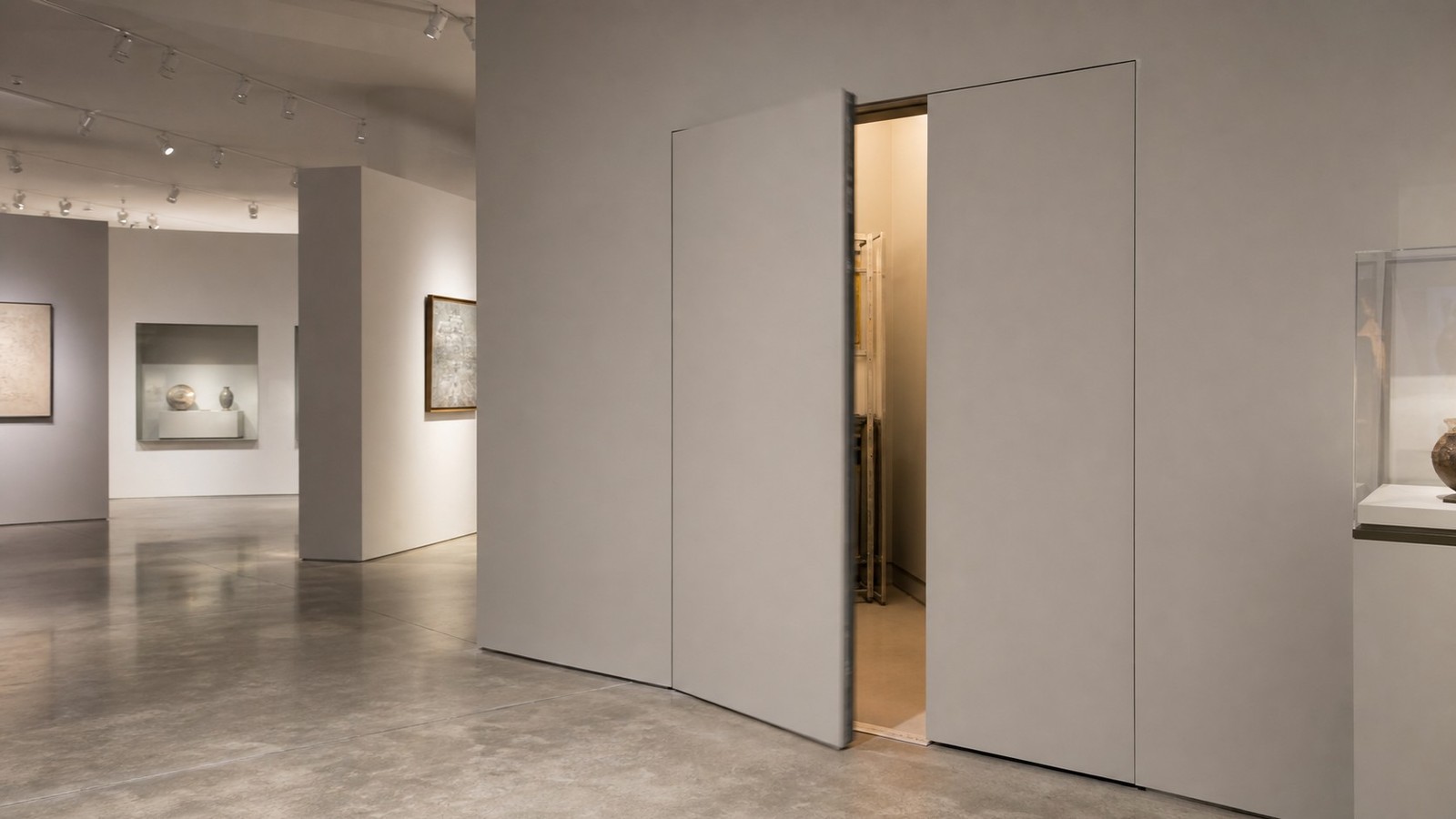 Editorial photograph of a quiet museum gallery where a wall panel is slightly open to reveal a staff passage.