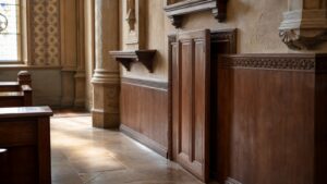 A realistic editorial image of a quiet chapel wall with a discreet wooden panel door beside carved details.