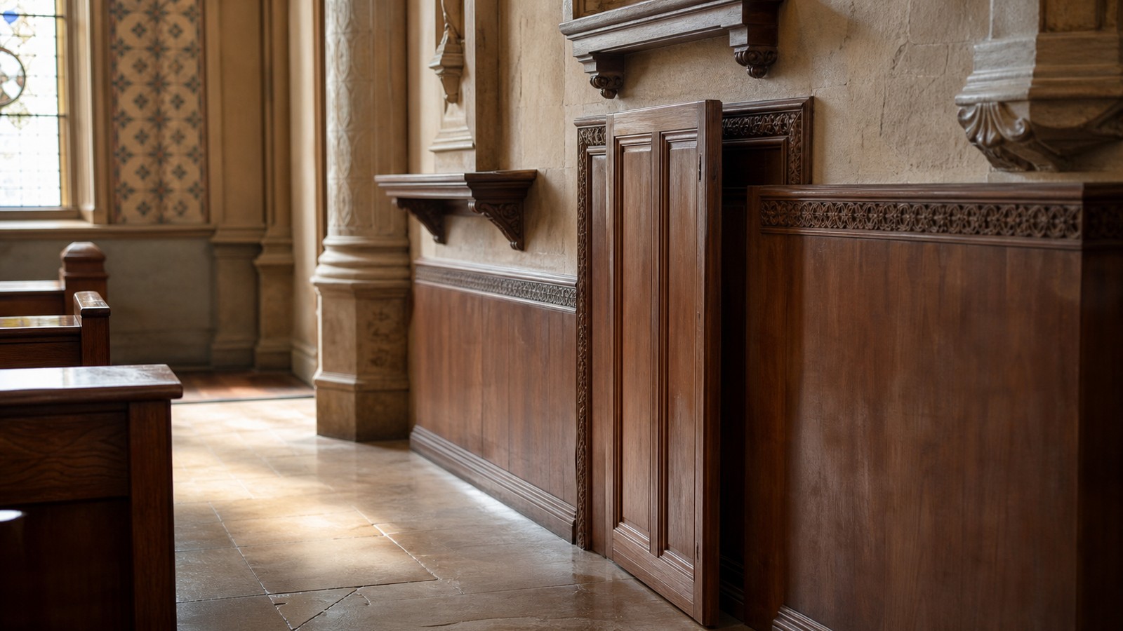 A realistic editorial image of a quiet chapel wall with a discreet wooden panel door beside carved details.