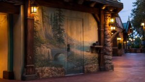 A realistic editorial image of a themed amusement park facade with a discreet staff door blended into scenery.