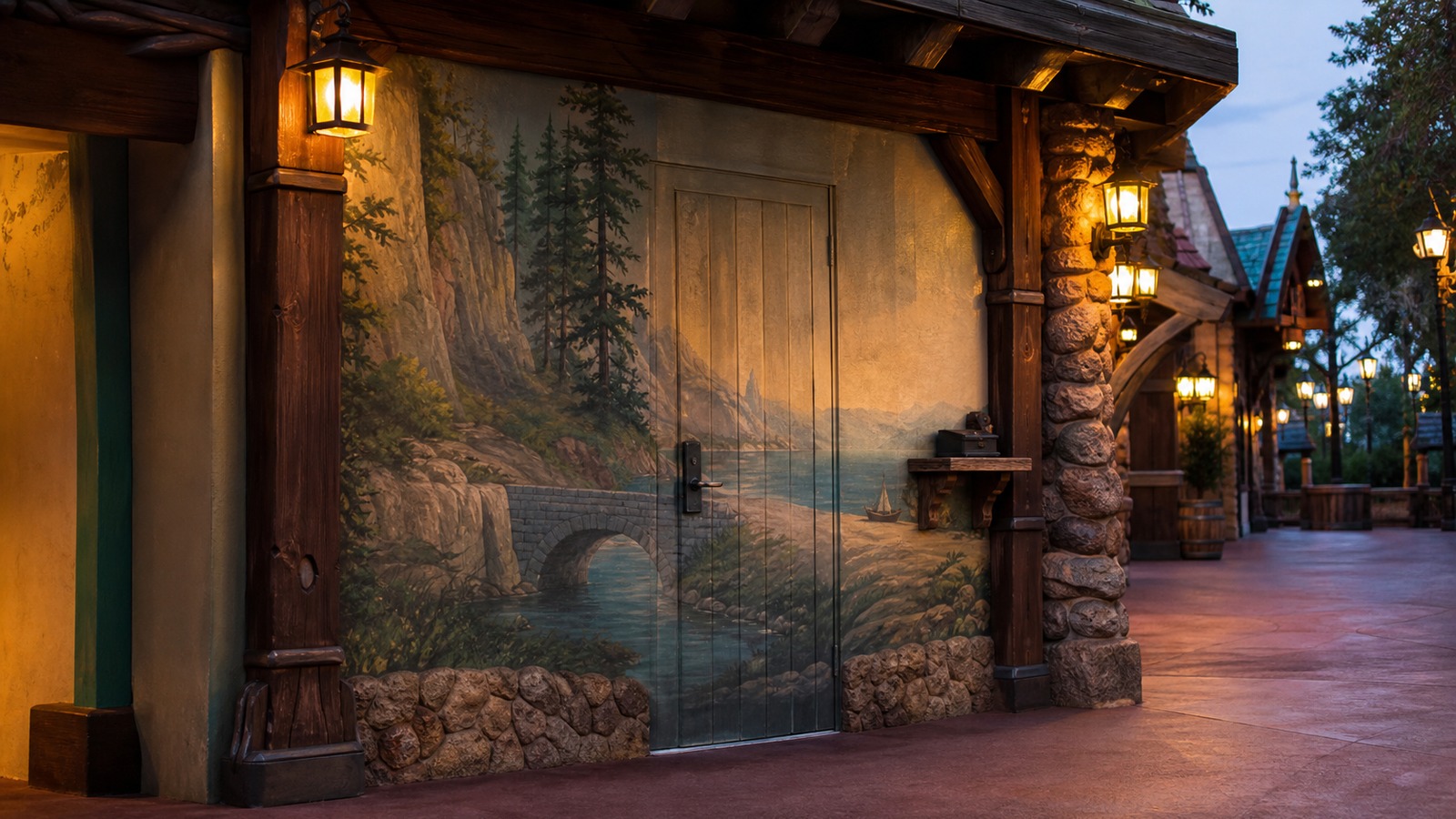 A realistic editorial image of a themed amusement park facade with a discreet staff door blended into scenery.