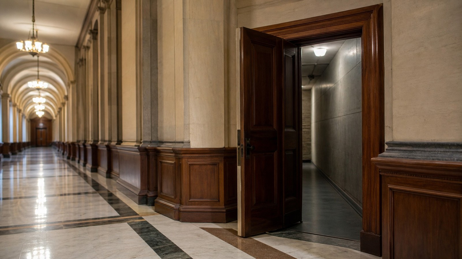Editorial photograph of a formal government corridor with a discreet open side door leading toward a dim secure passage.
