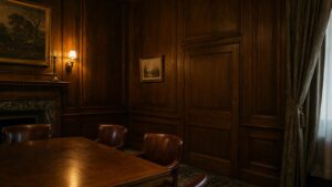 A realistic old private meeting room with a concealed paneled door and no readable symbols or text.
