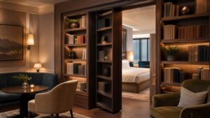 A realistic editorial image of a boutique hotel lounge with a hidden bookcase door opening to a private suite.