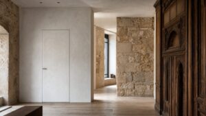 A realistic editorial image showing a refined modern hidden wall door beside older stone and wood architectural details.