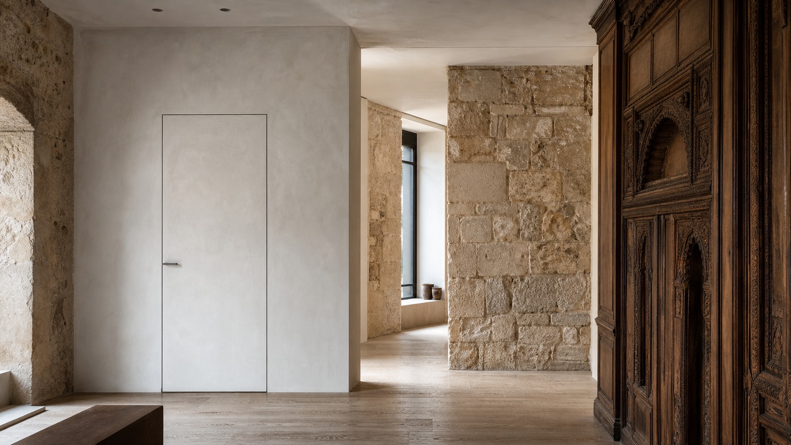 A realistic editorial image showing a refined modern hidden wall door beside older stone and wood architectural details.