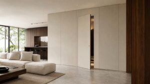 A modern architectural interior with a full-height concealed door integrated into a clean wall.