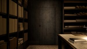 A realistic editorial image of a dim archive-like room with a concealed panel door and scattered architectural plans without readable text.
