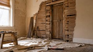 A realistic editorial image of an old room under renovation with a newly uncovered hidden doorway behind plaster.