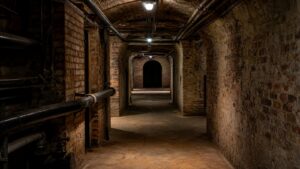 A realistic editorial image of an old urban basement corridor leading toward a shadowed arched tunnel.