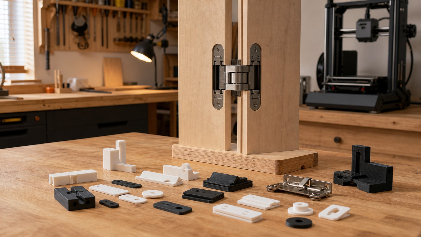 A realistic workshop image of 3D printed concealed door spacers and trim parts beside a hidden hinge mockup with no text.