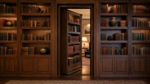 A realistic editorial image of a warmly lit library wall with a partially open hidden door suggesting another room beyond.